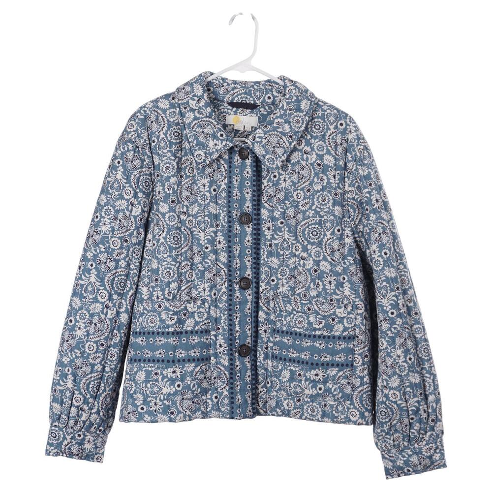 Boden Quilted Jacket Women 12 Blue Floral Cotton Linen Button Up Pockets Casual